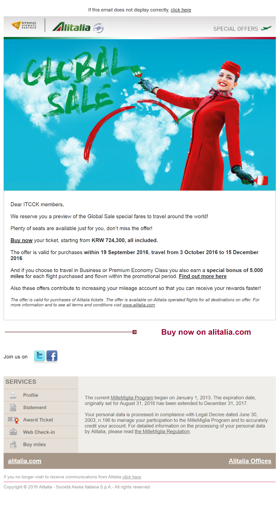 Alitalia - GLOBAL SALES: book by 19 September