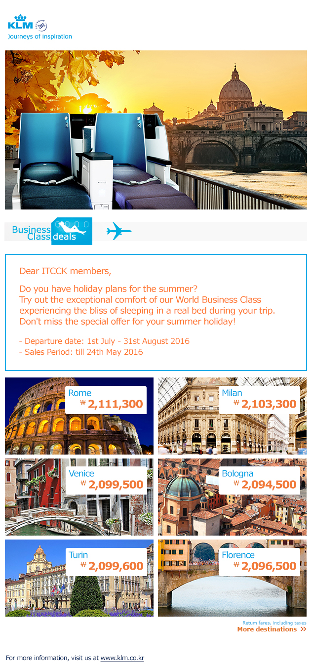 KLM - Business Class Deals! Fly in affordable luxury this summer from KRW 2,094,...
