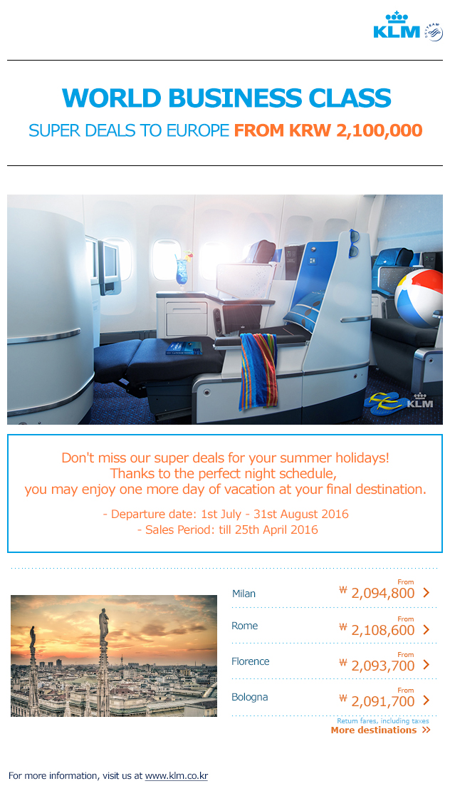 KLM - Business class on sale! Enjoy the luxury, Milan from KRW2,010,000